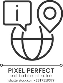 Icono lineal perfecto del píxel guía de recorrido. Turismo internacional. Información para viajeros. Ilustración de línea delgada. Símbolo de contorno. Dibujo del contorno del vector. Trazo editable. Fuente de Poppins utilizada