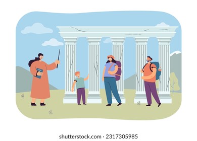 Guía de visitas o profesor contando a los turistas sobre pedidos clásicos. Feliz aprendizaje familiar sobre elementos arquitectónicos en la ilustración del vector de excursión. Arquitectura, historia, concepto de la Grecia antigua