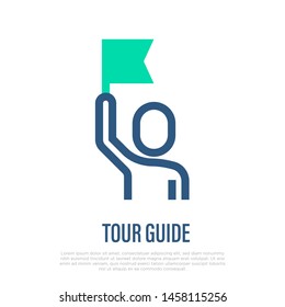 Tour guide thin line icon. Man with flag. Service for tourists. Vector illustration.