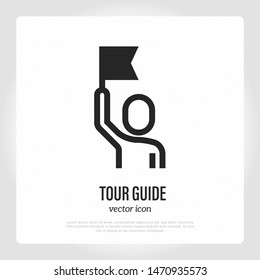 Tour guide thin line icon. Man with flag. Service for tourists. Vector illustration. - Shutterstock ID 1470935573