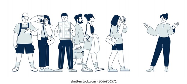 Tour guide. Tourism concept, happy tourists sightseeing city. Isolated touristic group, travel or visit trip. Vacation journey recent vector scene - Shutterstock ID 2066956571