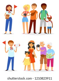 Tour guide vector man and woman characters guiding sightseeing group of tourists on vacation illustration set of travelling people family with kids elderly isolated on white background