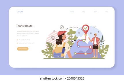 Banner de guía turística o página de inicio. Turistas siguiendo una ruta salvaje. Visita de senderismo, turismo de vida silvestre. El ocio activo. Ilustración vectorial plana