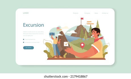 Tour guide web banner or landing page. Tourist route system development, city excursion and wildlife tourism. Tourists listening to the history of the city and attraction. Flat vector illustration