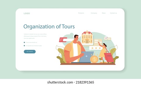 Tour guide web banner or landing page. Tourist route system development, city excursion and wildlife tourism. Tourists listening to the history of the city and attraction. Flat vector illustration