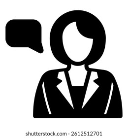 Tour guide woman solid icon, exhibition concept. Vector graphics. Girl with small talk bubble sign on white background, glyph style mobile or design