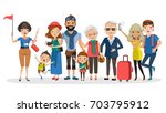 Tour guides and tourist groups big family. Grandfather, grandmother, father, mother, girl, boy, friend, teen and girlfriend at Selfie, carrying a bag, camera, waving and laughing Happy family. Vector