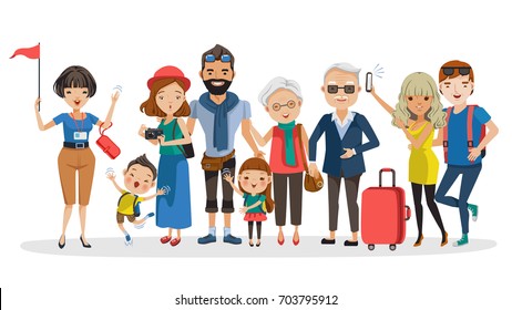 Tour guides and tourist groups big family. Grandfather, grandmother, father, mother, girl, boy, friend, teen and girlfriend at Selfie, carrying a bag, camera, waving and laughing Happy family. Vector