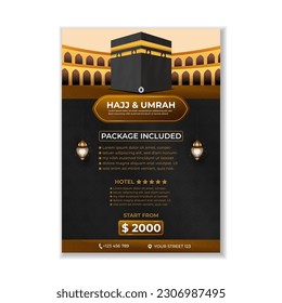 Tour Hajj and Umrah brochure Template Vector Design With realistic kaaba for Islamic background, flyer, banner