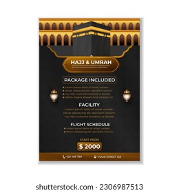 Tour Hajj and Umrah brochure Template Vector Design With realistic kaaba for Islamic background, flyer, banner