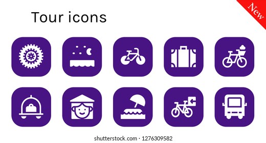  tour icon set. 10 filled tour icons. Simple modern icons about  - Bicycle, Sea, Travel bag, Luggage, Vietnamese, Island, Bus