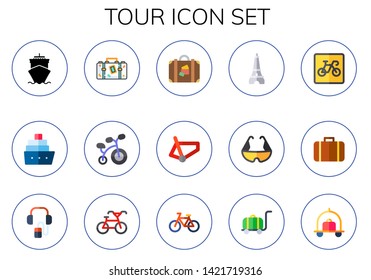 tour icon set. 15 flat tour icons.  Collection Of - cruise, luggage, bicycle, eiffel tower, audio guide