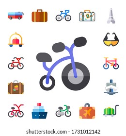 Toursymbol 17 Icons für eine Pauschalreise. Inbegriffen Bus, Gepäck, Fahrrad, Kreuzfahrt, eiffelturm Ikonen
