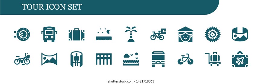 tour icon set. 18 filled tour icons.  Collection Of - Porthole, Bus, Travel bag, Sea, Island, Bicycle, Vietnamese, panorama 360 , Segovia, Luggage