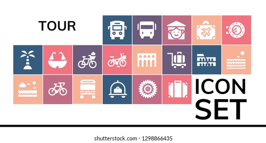  tour icon set. 19 filled tour icons. Simple modern icons about  - Bus, Island, Sea, Bicycle, Luggage, Segovia, Colosseum, Vietnamese, Porthole