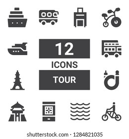 tour icon set. Collection of 12 filled tour icons included Bicycle, Sea, Boarding pass, Chiang kai shek, Eiffel tower, Double decker bus, Bus, Yacht, Cruise, Luggage
