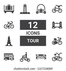tour icon set. Collection of 12 filled tour icons included Bicycle, Bus, School bus, Eiffel tower, Tower bridge, Quezon memorial circle, Luggage