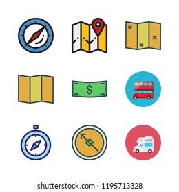 tour icon set. vector set about compass, bus, money id and map icons set.