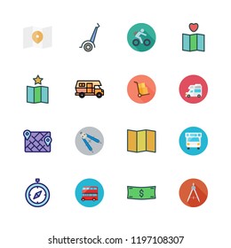 tour icon set. vector set about segway, packs, map and compass icons set.