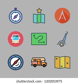tour icon set. vector set about segway, map, compass and caravan icons set.