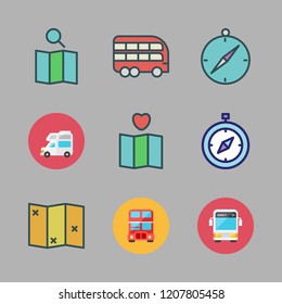 tour icon set. vector set about map, bus, caravan and compass icons set.