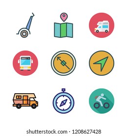 tour icon set. vector set about bus, map, compass and caravan icons set.