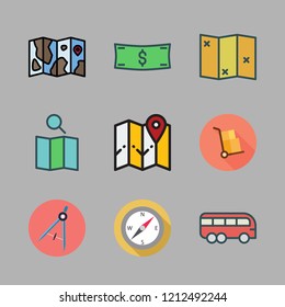 tour icon set. vector set about bus, money id, map and packs icons set.