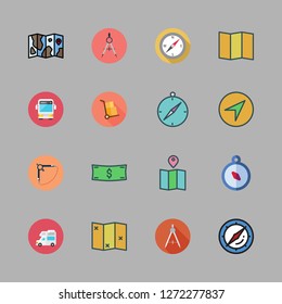 tour icon set. vector set about map, packs, money id and compass icons set.