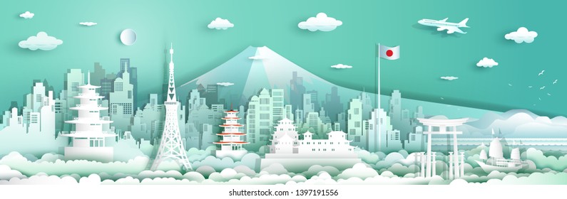 Tour Japan architecture travel with sailboat and airplane, Landmarks of tokyo in japan country, Tour cityscape with panorama view and japan flag, Travel tokyo tower,Castle,City,Skyline, Architecture.