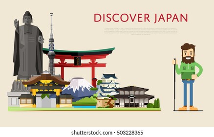 Tour To Japan. Vector Poster With Japanese Landmark Illustration Scene And Happy Smiling Man Traveler Character. Adventure In Japan, Studying Oriental Tradition. Travel Agency Tour Presentation
