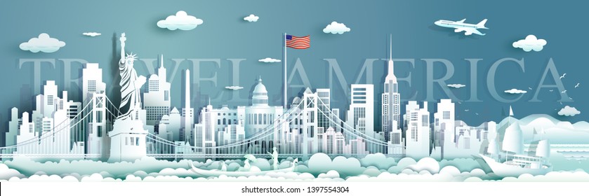 Tour landmarks United States of America famous monument architecture skyline, Travel landmark to golden gate bridge and statue of liberty, Traveling architecture sculpture world, Vector illustration.