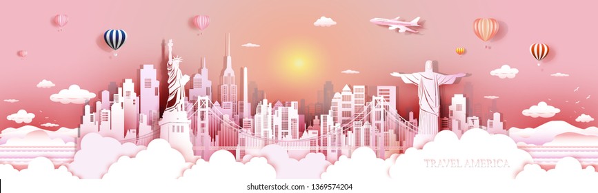 Tour landmarks United States and south America famous monument architecture skyline, Travel landmark with golden gate bridge two On ocean side, Tourism sculpture world, Vector illustration seascape.