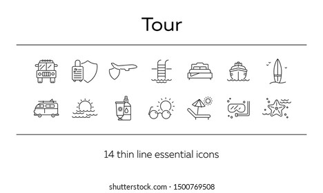 Tour line icon set. Jeep, cruise, swimming pool, sea. Vacation concept. Can be used for topics like travel, beach, resort