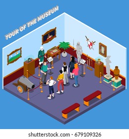 Tour of museum isometric composition with guide and group of visitors, warriors, weapon, ancient sculpture vector illustration