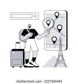 Ilustración vectorial de concepto abstracto del navegador de viajes. Aplicación móvil de guía de viajes, navegación de viaje inteligente en línea, revisión de viajero, aplicación de smartphone, metáfora abstracta de planificador de vacaciones.