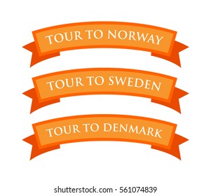 Tour to Norway, Sweden and Denmark - Vector Element of Design with Captions on Orange Ribbon. Labels isolated on white background.