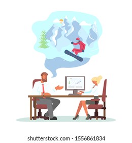 Tour operator offers package tours for couples. Young man choose voyage in travel office. Flat Art Vector illustration