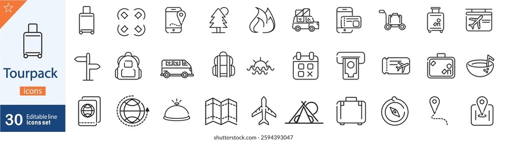 Tour Package Line Icons Set. Collection of 30 outline icons representing travel deals, vacation planning, holiday trips, adventure tours, and tourism services. Editable stroke vector illustration.