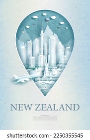 Tour pin point New Zealand architecture monument with modern and city building business travel poster and postcard. Tour landmarks of New Zealand architecture. Vector illustration pin symbol.