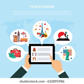 Tour planning design concept with human hands holding tablet with information for travel on screen flat vector illustration