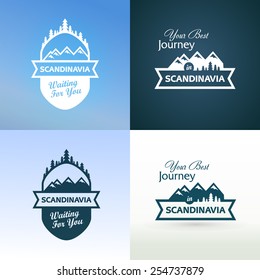 Tour to Scandinavia. Set of Badges, Emblems with north landscapes and captions. Vector Illustrations in blue colors