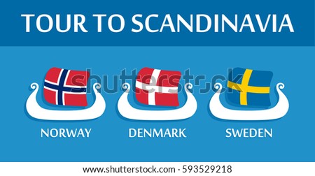 Tour to Scandinavia. Set of Colorful Emblem of Scandinavian Countries with National Flags. Logos in Shape of Medieval Viking's ships - Drakkars.