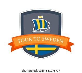 Tour to Sweden, Logo in Coat of Arms form with Viking's Scandinavian Drakkar Ship.