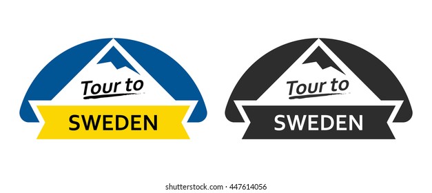 Tour to Sweden. Set of Badges, Emblems with north landscapes and captions. Vector Illustrations in blue and yellow colors
