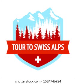 Tour to Swiss Alps - Coat of Arms isolated on white, Vector blazon illustration with Alpine mountains and forest. Crest with ribbon with caption and flag of Switzerland. Great travel Badge in Alps.