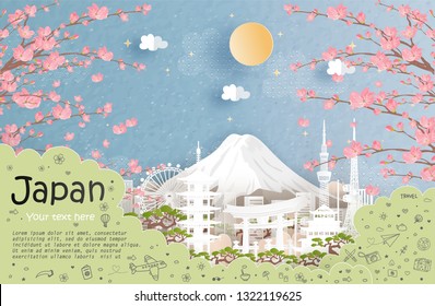 Tour and travel advertising, postcard, panorama poster of world famous landmark of Japan in paper cut style vector illustration.