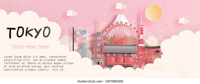 Tour and travel advertising, postcard, panorama poster of world famous landmark of Tokyo, Japan in paper cut style vector illustration.