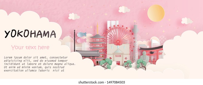 Tour and travel advertising, postcard, panorama poster of world famous landmark of Yokohama, Japan in paper cut style vector illustration.