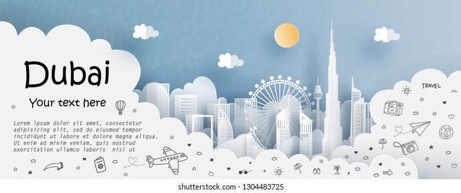 Tour and travel advertising template with travel to Dubai with famous landmarks in paper cut style vector illustration