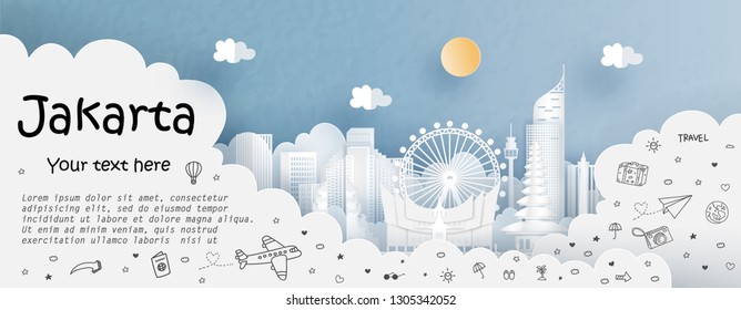 Tour and travel advertising template with travel to Jakarta, Indonesia with famous landmarks in paper cut style vector illustration